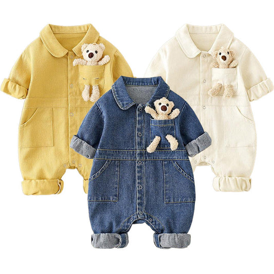 BearBuddy Denim – Frühling Cartoon Strampler mit Taschen für Babys