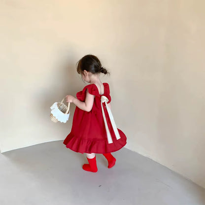 BreezeBloom – Ruffled Flying Sleeve A-Line Dress with Back Bow